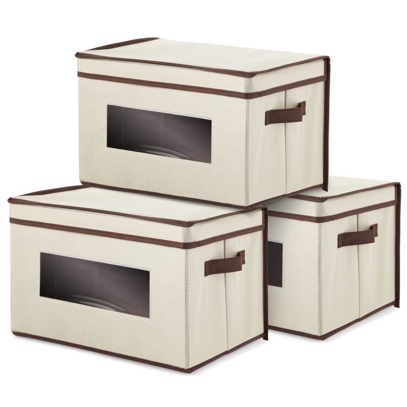 Juvale 3 Pack Collapsible Fabric Storage Bins Cubes, Decorative Foldable Boxes with Window & Lid - Beige, Large, 16.25 x 12 x 10 Inches, 1 of 10