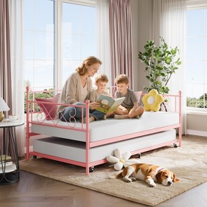Daybed with Trundle Twin Metal Frame: Space Saving Design with Headboard & Steel Slat Support - for Bedroom, Living Room, Guest Room - 1 of 4
