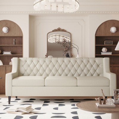 78.75" Fabric Mid Century Modern 3-Seater Sofa with Button Tufted Backrest and Birch Legs