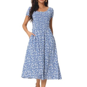 Seta T Women's Casual Floral Crew Neck Cap Sleeve Boho Flowy Midi Dress with Pockets - 1 of 4