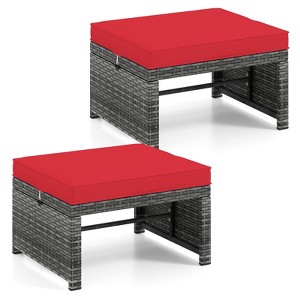 Costway Patio Ottomans Set of 2 PE Rattan Footstools with Removable Cushions & Metal Frame Red/Gray/Black/White/Turquoise/Navy - 1 of 4