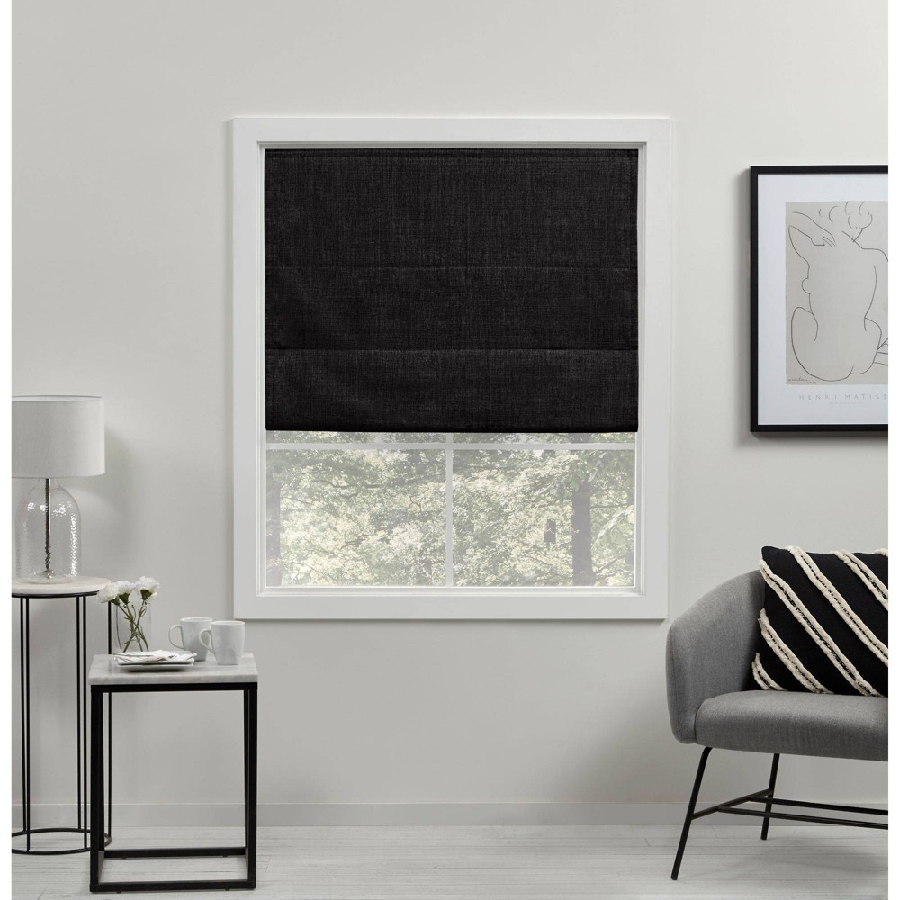 Photos - Blinds 64"x31" Acadia Total Blackout Roman Curtain Shades Black - Exclusive Home