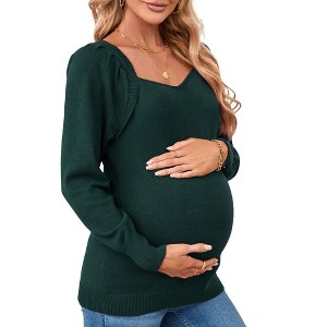 Women's Maternity Tops Casual V Neck Sweaters Puff Long Sleeve Ribbed Knit Fall Pregnancy Babydoll Pullover Sweater - 1 of 4