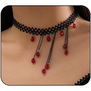 Gothic Blood Drop Fringe Choker With Crystal & Pearl Beads For Vampire Halloween Punk Jewelry - 1 of 4