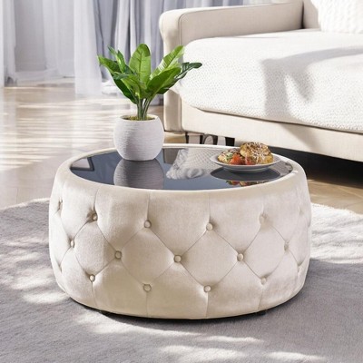 Alilang 30.00 inches Round Tufted Ottoman Coffee Table with Glass Top and Velvet Upholstery-Beige
