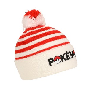 Pokemon Pokeball Plush Pom, Red And White Stripes Cuff Beanie - 1 of 4