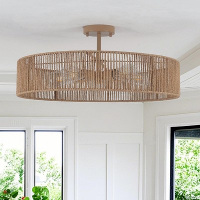 PAKOKULA Boho 5-Lights Drum Rattan Rustic Semi-Flush Mount Ceiling Light