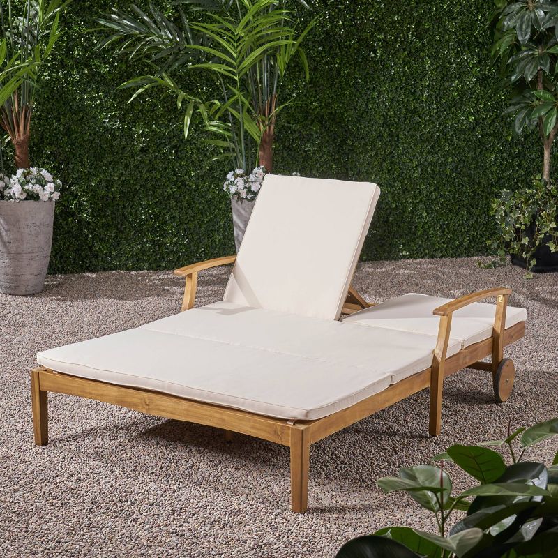 Perla Acacia Wood Double Chaise Lounge Teak/Cream - Christopher Knight Home, 4 of 8