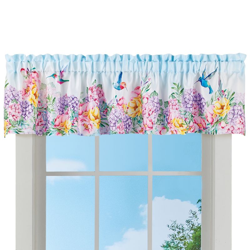 Collections Etc Hummingbird & Colorful Floral Wreath Print Window Valance 70" WIDE, 1 of 3