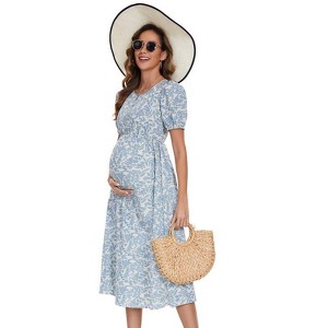 Coolmee Women's Floral Dresses for Summer Puff Sleeve Dress Loose Flowy Beach Pregnancy Baby Shower - 1 of 4