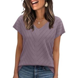 Women's V - Neck Cap Sleeve Knit Blouse Summer Casual Tops - 1 of 4