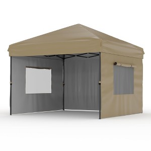10'x10' Khaki Pop Up Canopy Tent with 3 Sidewalls, Waterproof UV-Resistant Gazebo, Easy-Up Portable Sun Shade Shelter for Parties, Camping, Backyard - 1 of 4