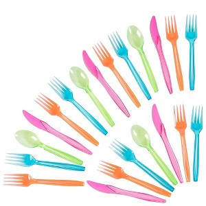 Juvale 144 Pieces Plastic Silverware Cutlery Utensils Set with Forks, Knives, Spoons for Kids Birthday Party Supplies, Neon - 1 of 4