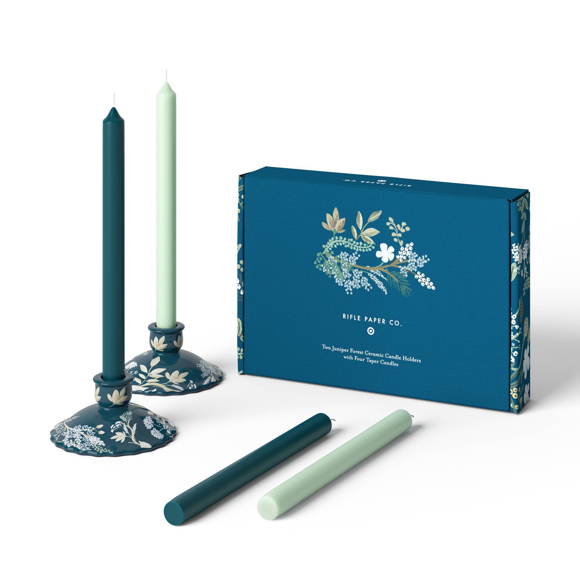 Rifle Paper Co. x Target Set of 4 Juniper Forest Taper Candles with Set of 2 Candlestick Holders: Ceramic, Tabletop Decor