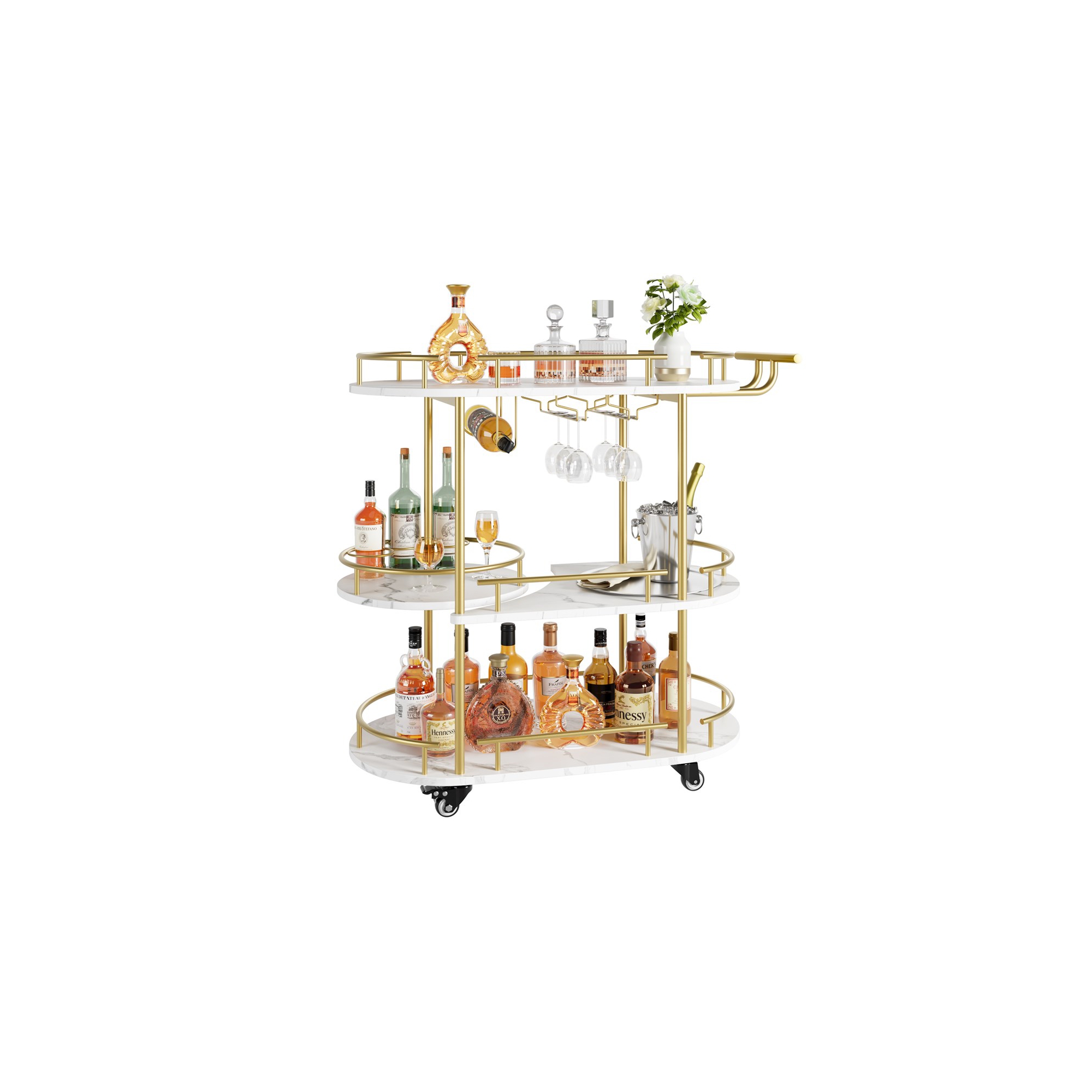 Gold Bar Carts with 3-Tiers Storage Shelves，Mobile Bar Seving Carts on Wheels with Wine Rack and Glass Holder for Kitchen, Living Room.