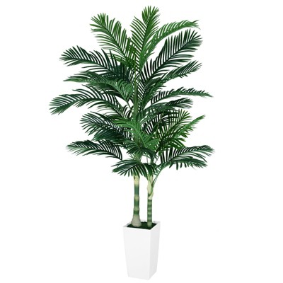 7FT Artificial Golden Cane Palm Tree with White Planter, Indoor Faux Plant