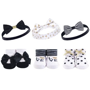 Hudson Baby Infant Girl Headband and Socks Giftset 6pc, Black Gold, One Size - 1 of 2