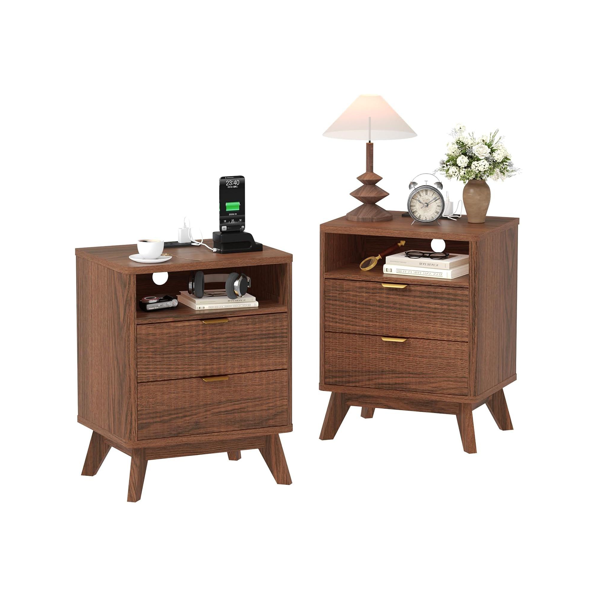 GAOMON 2PACK Modern Fluted Night Stand, Wood Nightstand with 2 Drawers and Open Shelve, Natural Oak