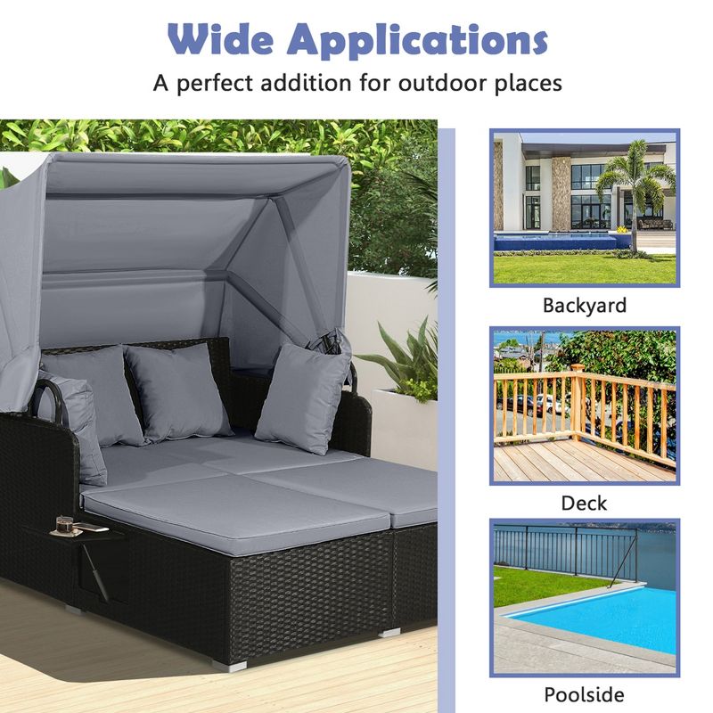 Costway Patio Rattan Daybed Lounge Retractable Top Canopy Side Tables Cushions, 5 of 10