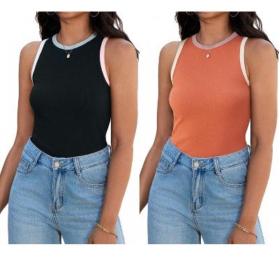 ATHLECHIC Women's Ribbed Summer Crew Neck Sleeveless Casual Fitted Tank Tops 2 Packs