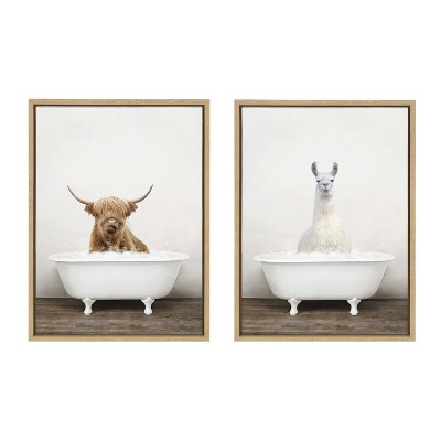 Highland Cow and Llama Bubble Bath Canvas Art Set, 18x24, Natural Wood Frame