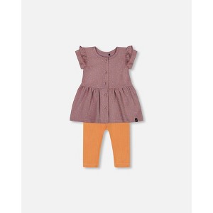 Deux par Deux Girl Printed Organic Cotton Dress and Solid Leggings Set Orange and Purple - 1 of 4