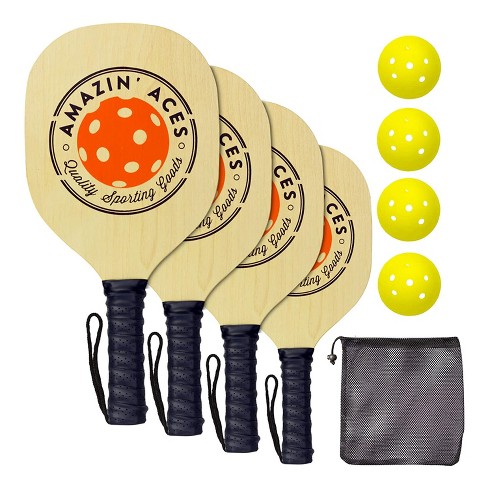 Amazin' Aces Wood Pickleball Set with 4 Wooden Padded Paddles, 4 Yellow  Balls, and Carry Bag Great for Schools, Community Centers, and Athletic  Clubs