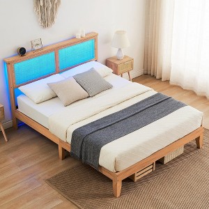 Boho-Chic Full Bed Frame with Rattan Headboard & LED Lights – 12.4" Solid Wood Platform, No Box Spring Needed (Noise-Free Design) - 1 of 4