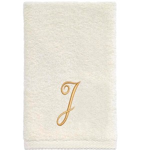 Avanti  Ivory with Gold Script Monogram Fingertip Towel Letter   J - 1 of 3