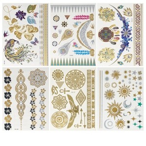 Wrapables Celebrity Inspired Temporary Tattoos in Metallic Gold Silver and Black (6 Sheets), Large - 1 of 4