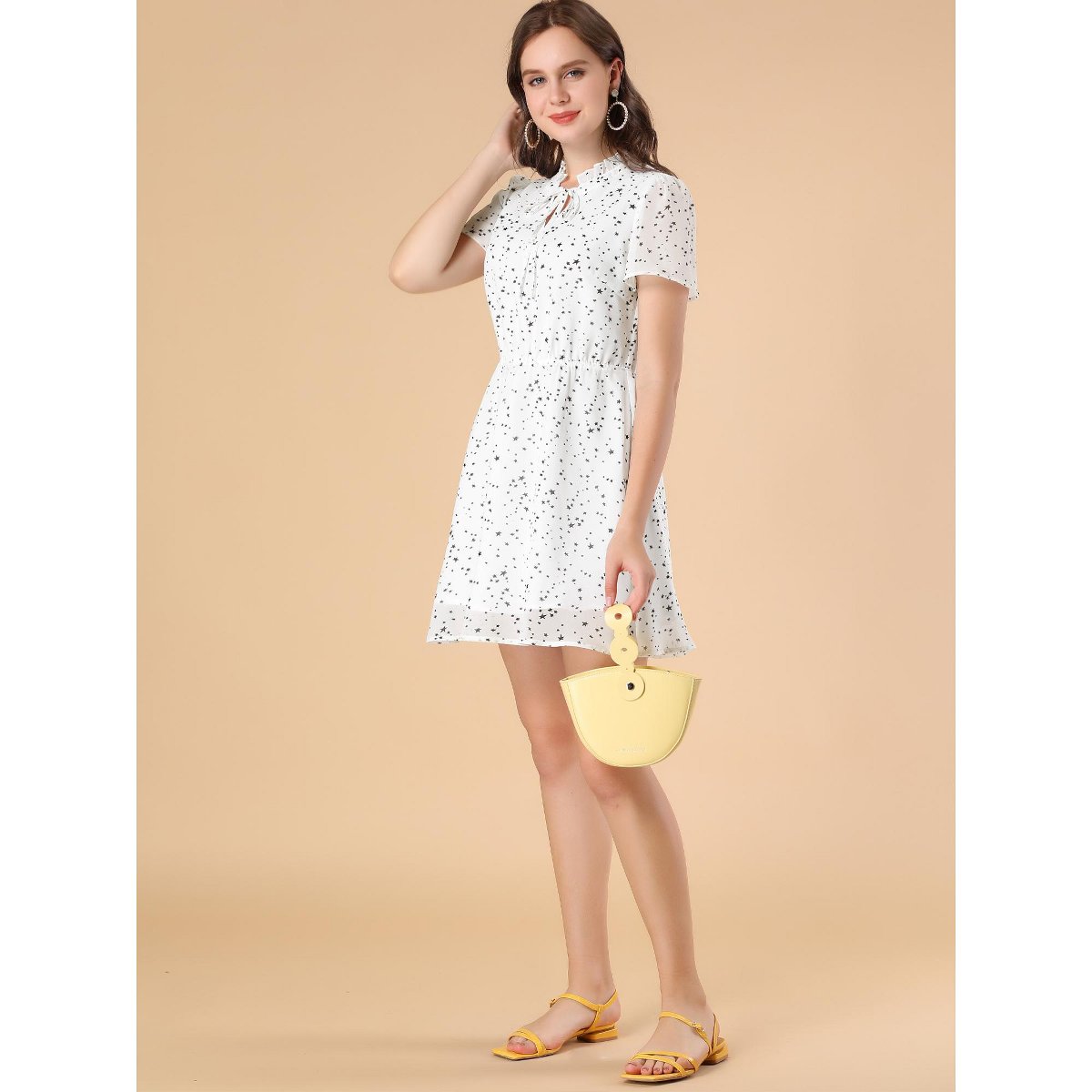 Женские платья INSPIRE CHIC Women's Tie Neck Flare Sleeve Stars Mini Dress White Large — фото 2
