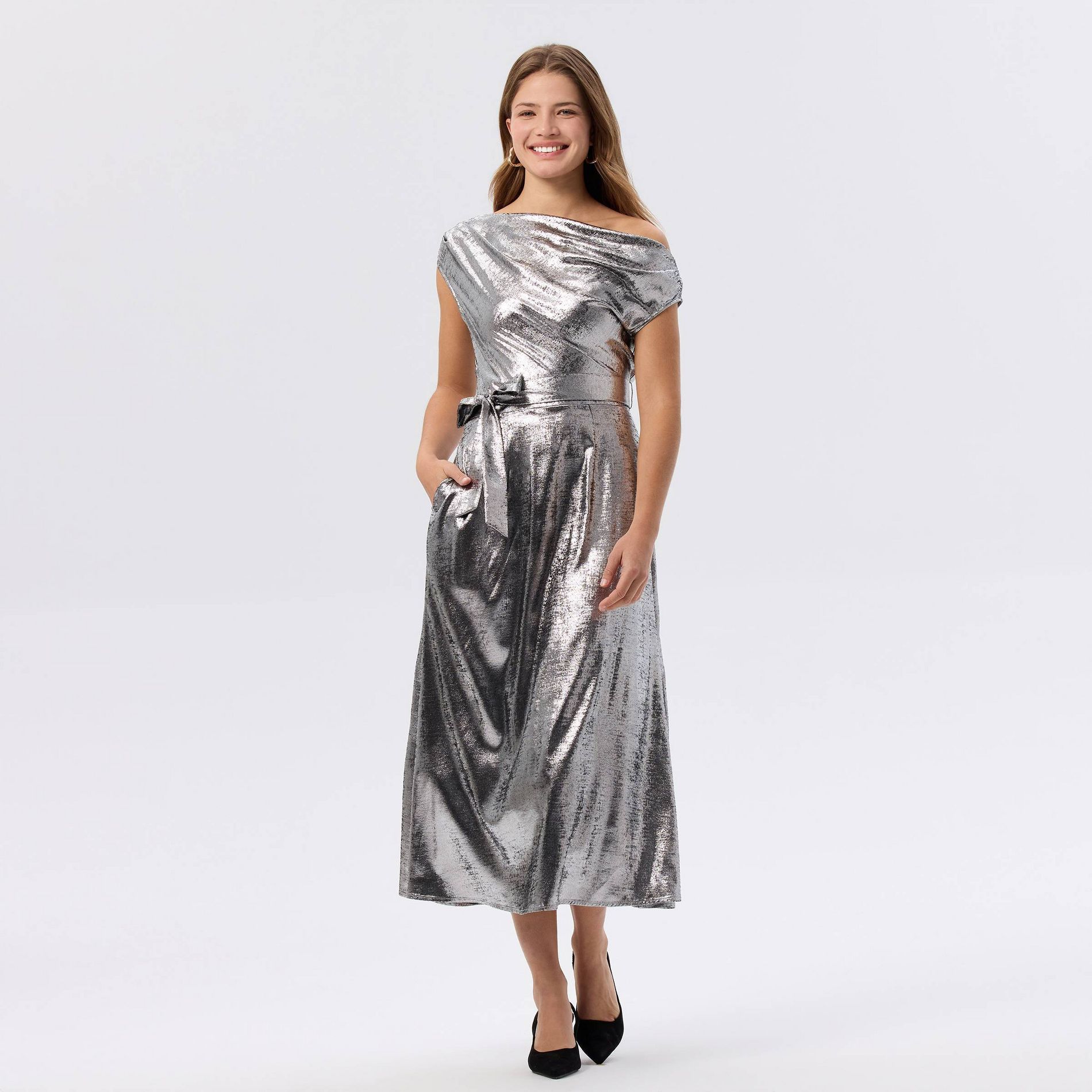 Women's Metallic Belted Midi A-Line Dress - A New Day™