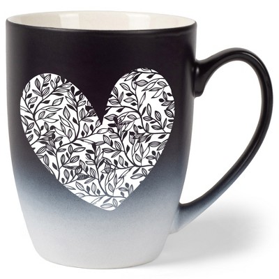 Elanze Designs Heart Leaf Two Toned Ombre Matte Black and White 12 ounce Ceramic Stoneware Coffee Cup Mug