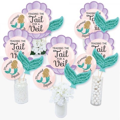 Big Dot of Happiness Trading The Tail for A Veil - Mermaid Bachelorette or Bridal Shower Centerpiece Sticks - Table Toppers - Set of 15