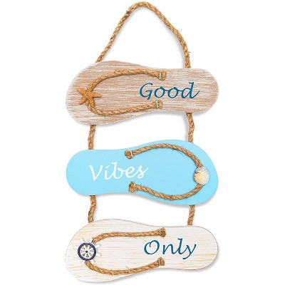 Juvale Wood Flip Flop Slippers Nautical Beach Hanging Wall Sign Home Decor, Good Vibes Only 9"x16"