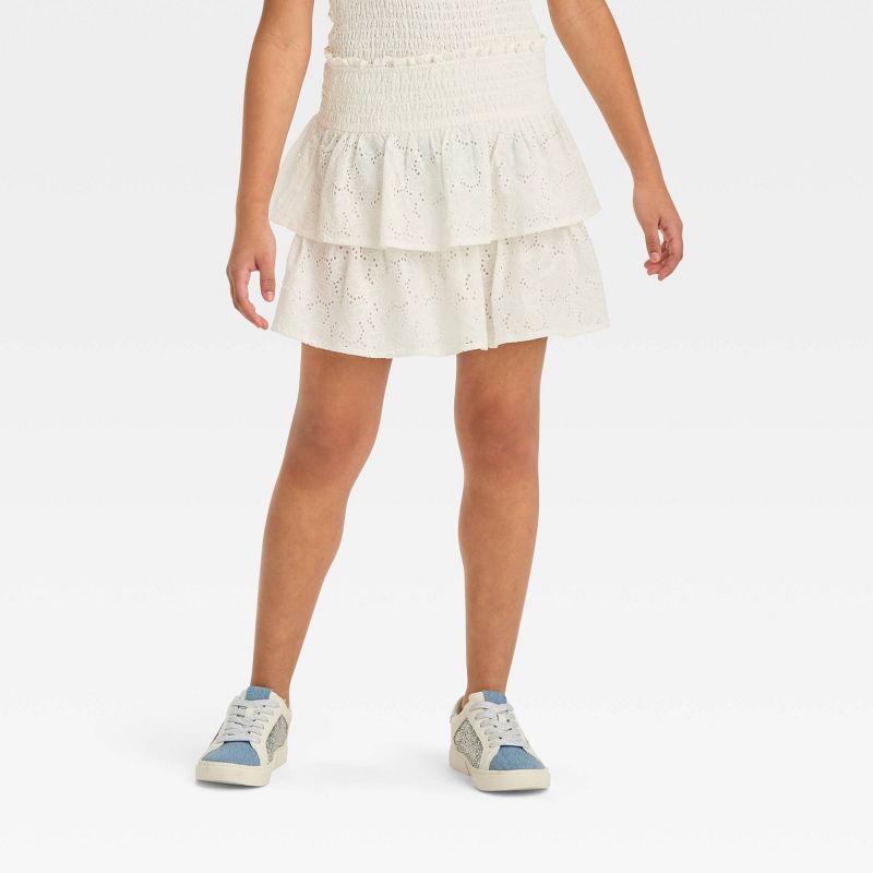 Girls' Smocked Waist Woven Tiered Skirt - art class™ White, 1 of 8
