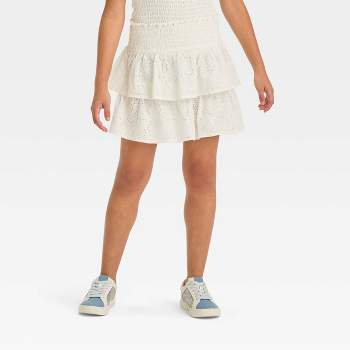 Girls' Smocked Waist Woven Tiered Skirt - art class™ White