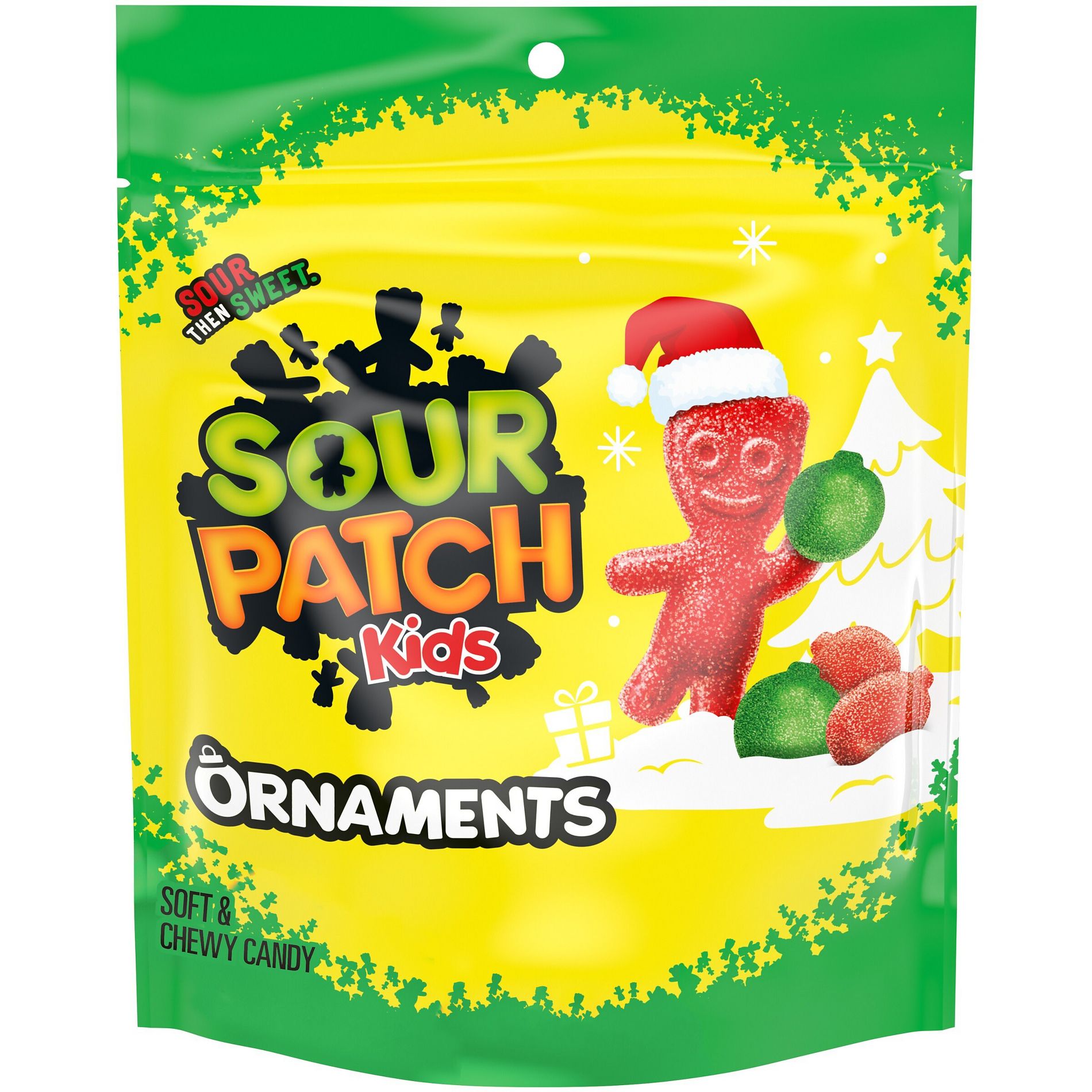 SOUR PATCH KIDS Christmas Red & Green Gummy Ornaments Stand-Up Bag Candy Stocking Stuffers - 10oz