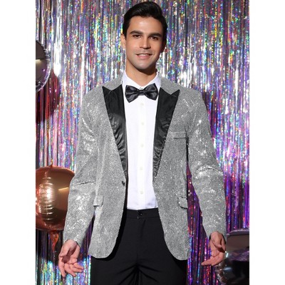 Lars Amadeus Men's Sequin Peak Laple Sparkly Party Show Glitter Sports Coat Silver Small — фото 3