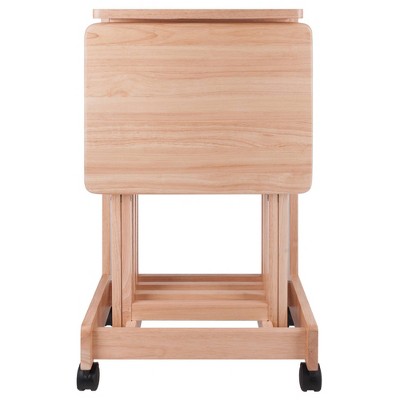 Natural Wood 5-Piece Snack Table Set with Serving Cart