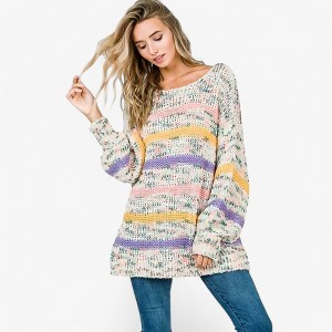 Anna-Kaci Women's Multicolor Striped Knit Sweater with Balloon Sleeves - 1 of 2