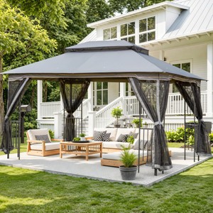 EROMMY 10' X 13' Outdoor Gazebo, Metal Gazebo With Mosquito Netting, Hard Top Gazebo With Dual-layer Soft Roof & Drainage Holes, Sturdy Steel Frame - 1 of 4