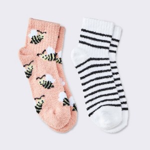 Women's Bees 2pk Cozy Quarter Crew Socks - Peach/White 4-10 - 1 of 3