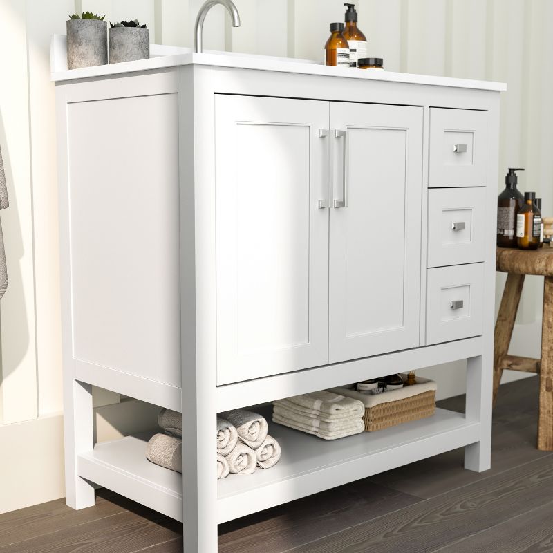 Merrick Lane Bathroom Vanity with Ceramic Sink, Carrara Marble Finish Countertop, Storage Cabinet with Soft Close Doors, Open Shelf and 3 Drawers, 5 of 13