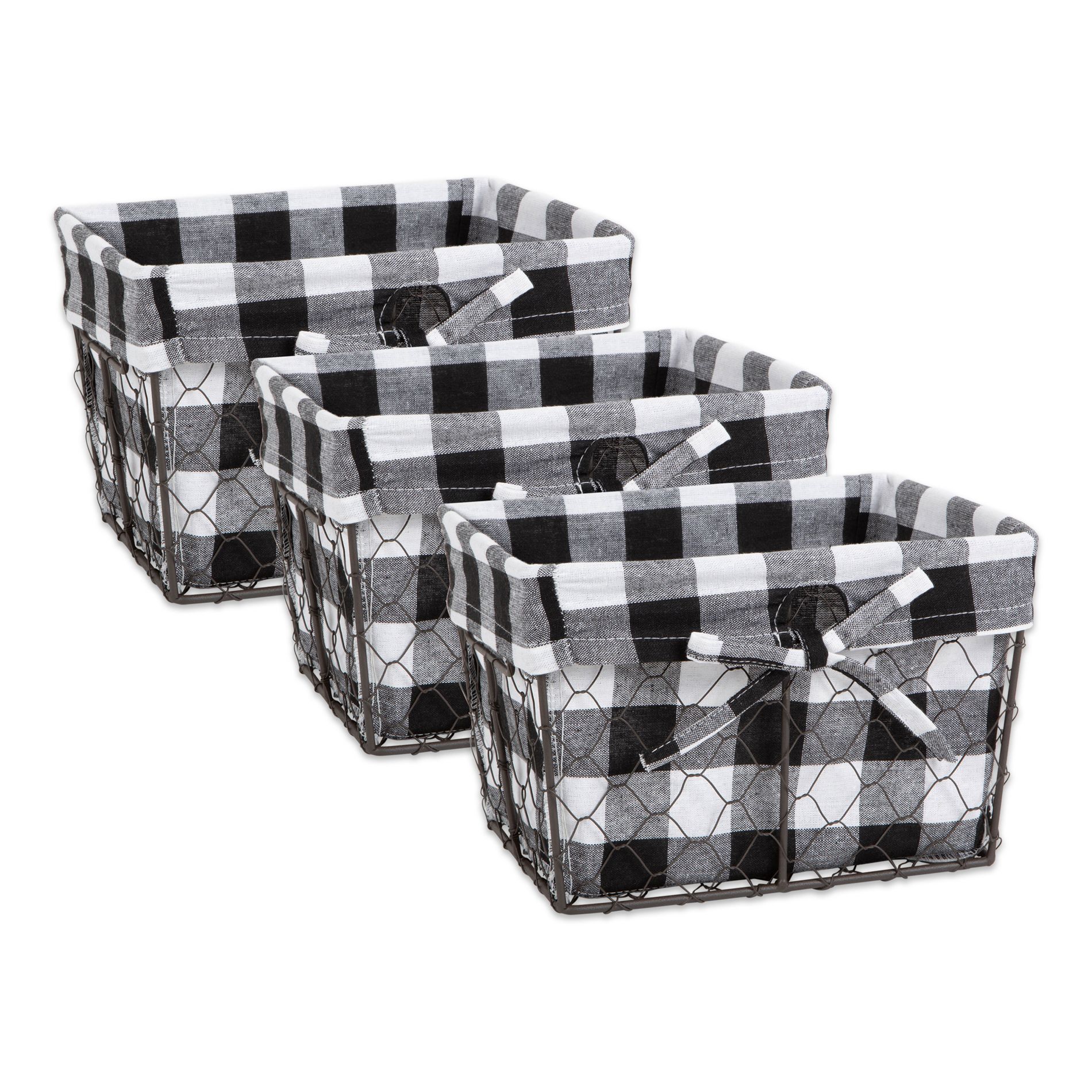 Small Vintage Grey Chicken Wire Black White Check Liner Basket Set/3