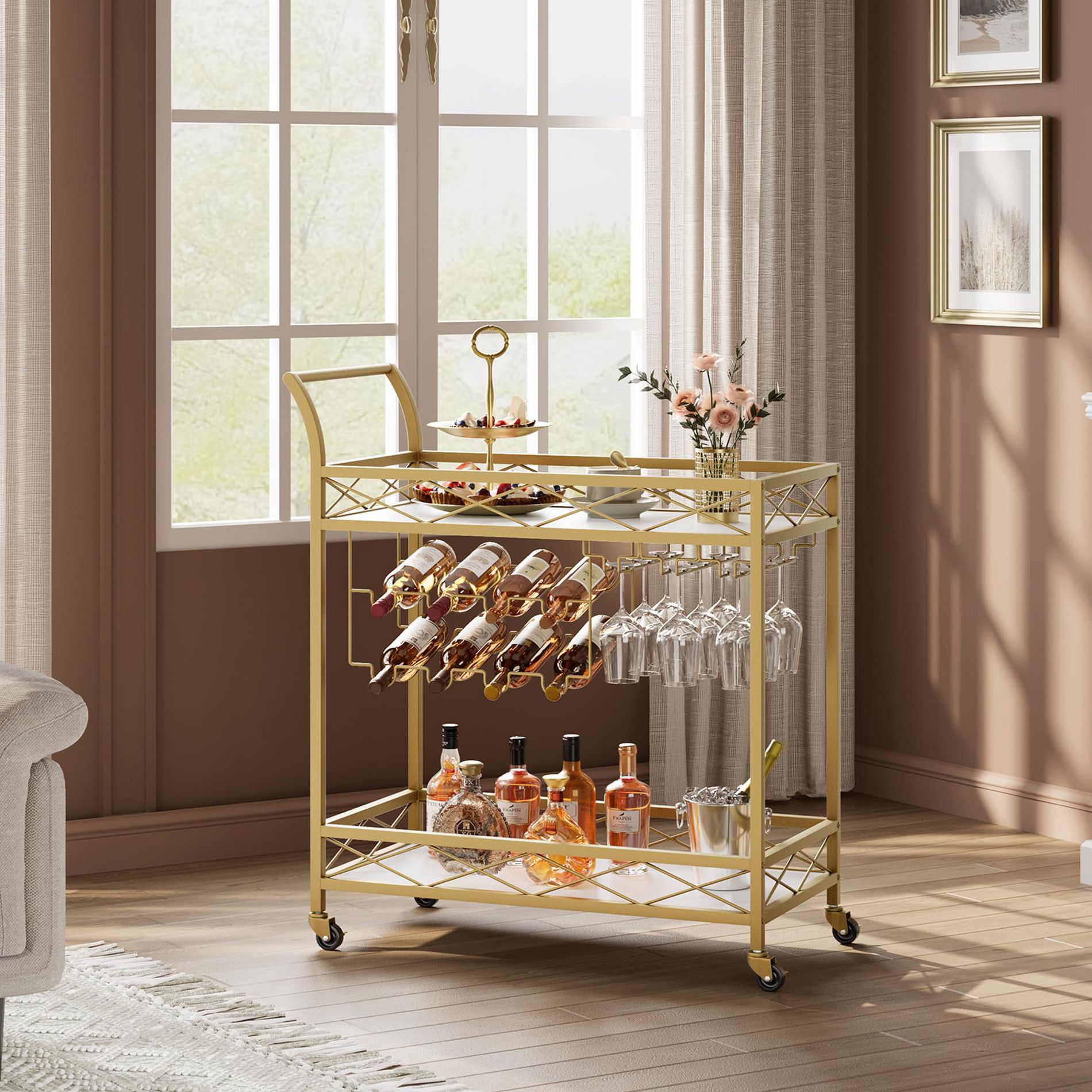2-Tier Rolling Cart with Wine Rack & Glass Holders - Stylish Food Delivery & Serving Cart for Living Room, Kitchen, Dining Room - Functional Storage