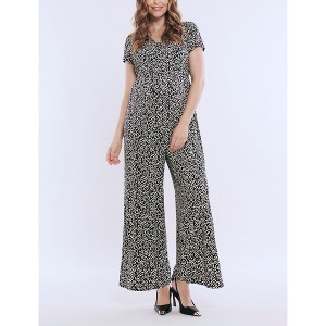 Women's Short Sleeve V-Neck Flare Leg Jumpsuit | Motherhood Maternity - 1 of 4