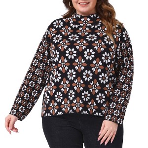 Women's Plus Size Floral Print Mock Neck Long Sleeve Casual Fall Winter Sweater - Agnes Orinda - 1 of 4