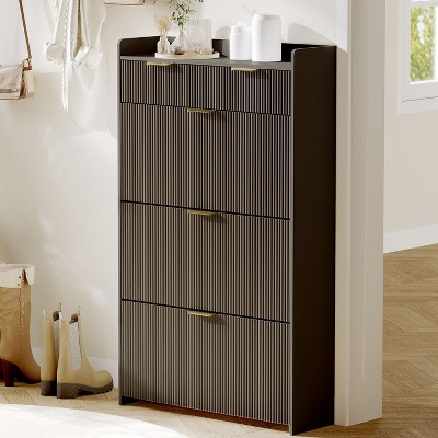 Narrow Shoe Storage Cabinet with 3 Flip Drawers & 2 Top Drawers – Farmhouse Fluted Wooden Shoe Organizer for Entryway, Hallway