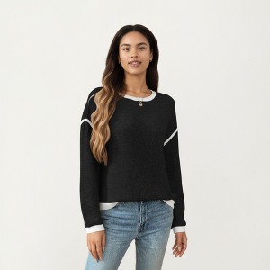 Anna-Kaci Women's Long Sleeve Knit Top with Contrast Trim and Relaxed Fit - 1 of 4